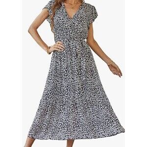 Pretty Garden Short-Sleeve Floral Summer Maxi Dress -  Black/White - Medium -New